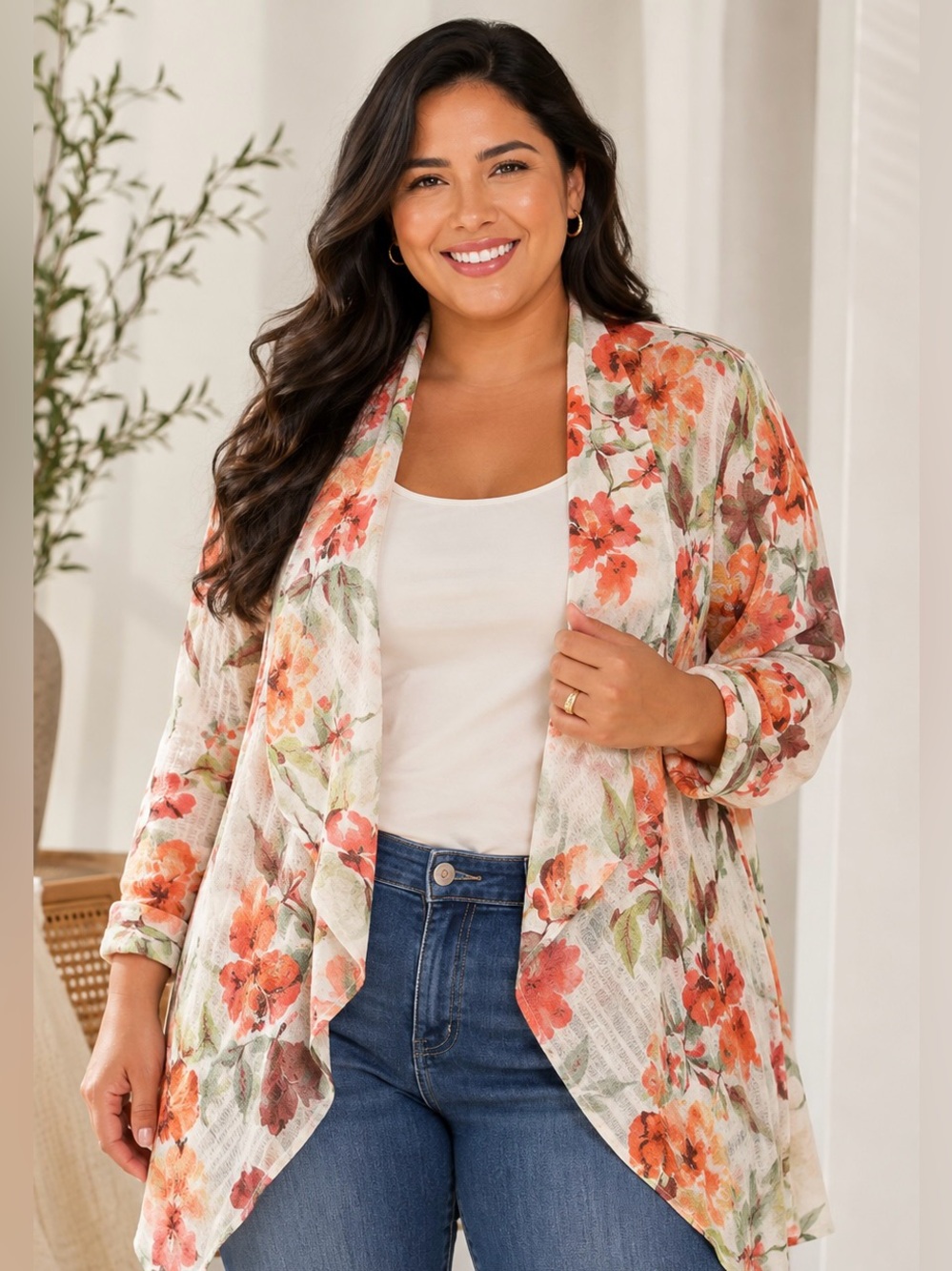 Susan Gravel Floral Lightweight Open Cardigan with camisole -Large New A689877